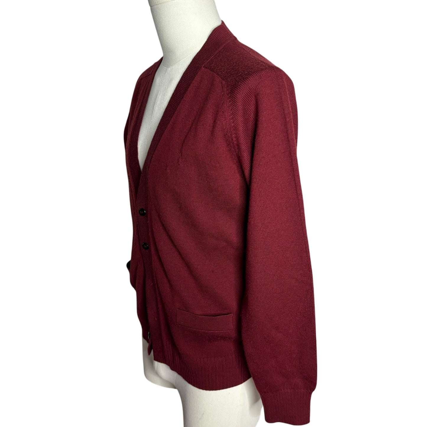 Vintage 70s Burgundy Button Front Cardigan Sweater Small Wool Made In France
