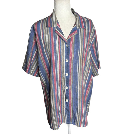 Vintage 90s Striped Button Up Shirt XL Short Sleeve Lightweight Collared