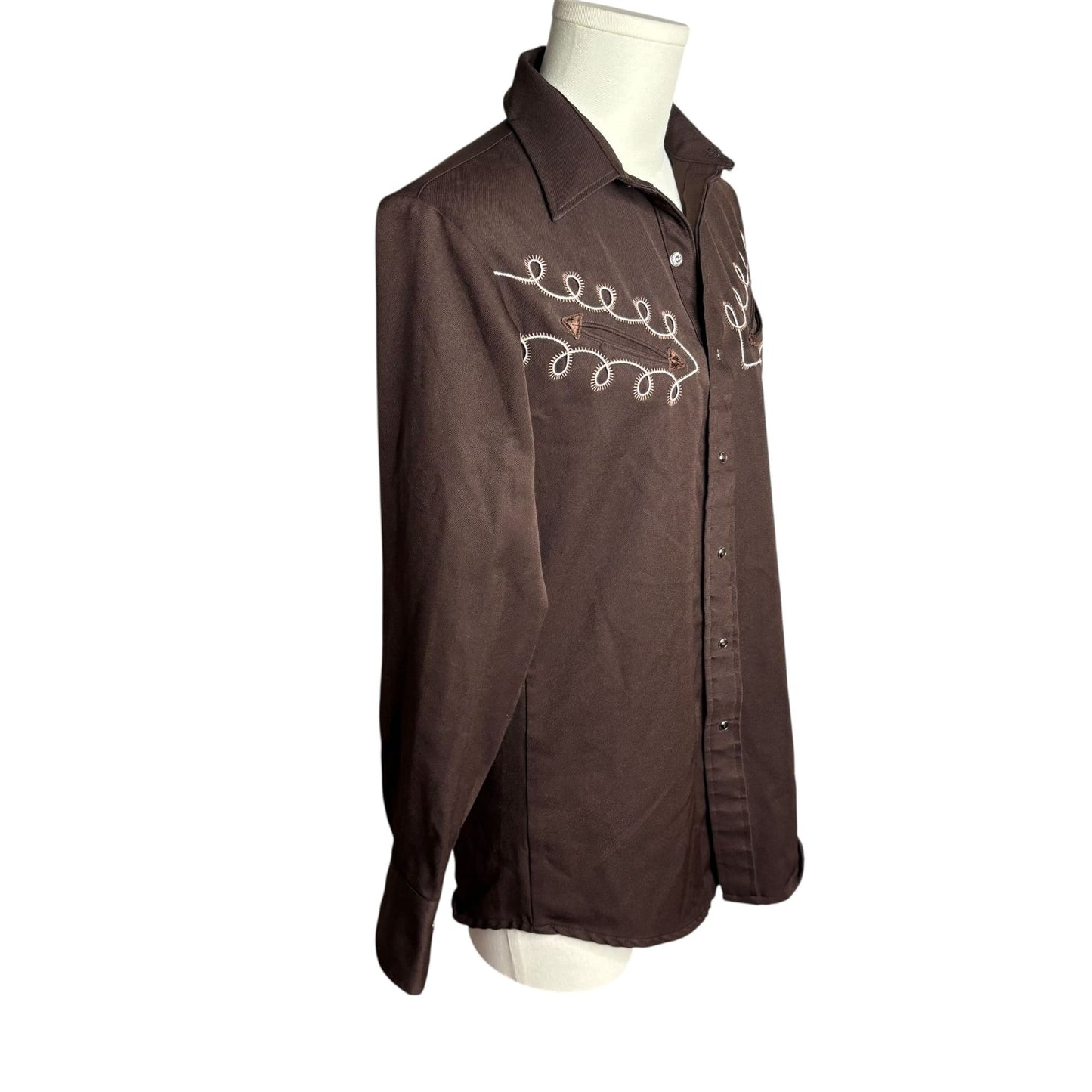 Vintage Karman Western Pearl Snap Shirt Brown Embroidered Long Sleeve Medium