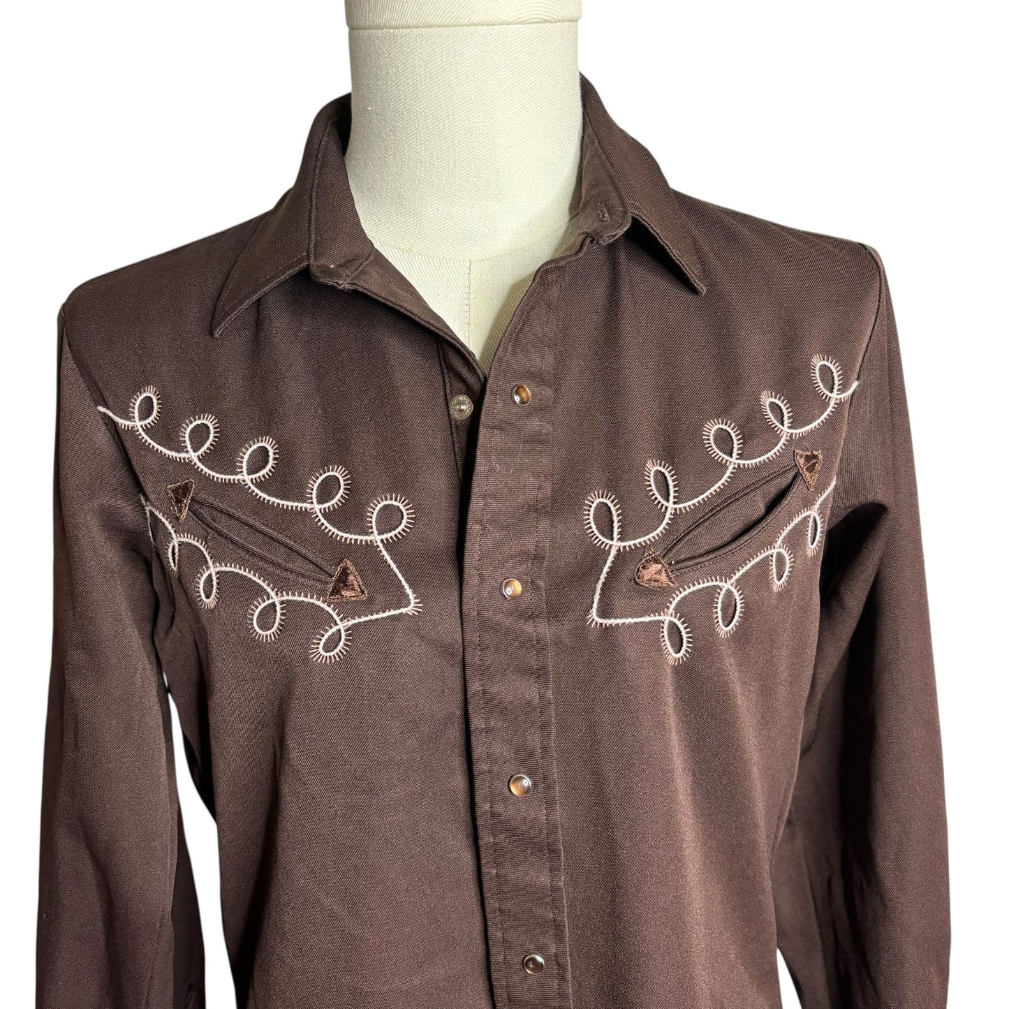 Vintage Karman Western Pearl Snap Shirt Brown Embroidered Long Sleeve Medium