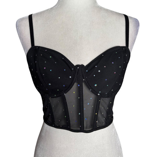 Mesh Rhinestone Bustier Crop Top Black Medium Adjustable Straps Boning NEW