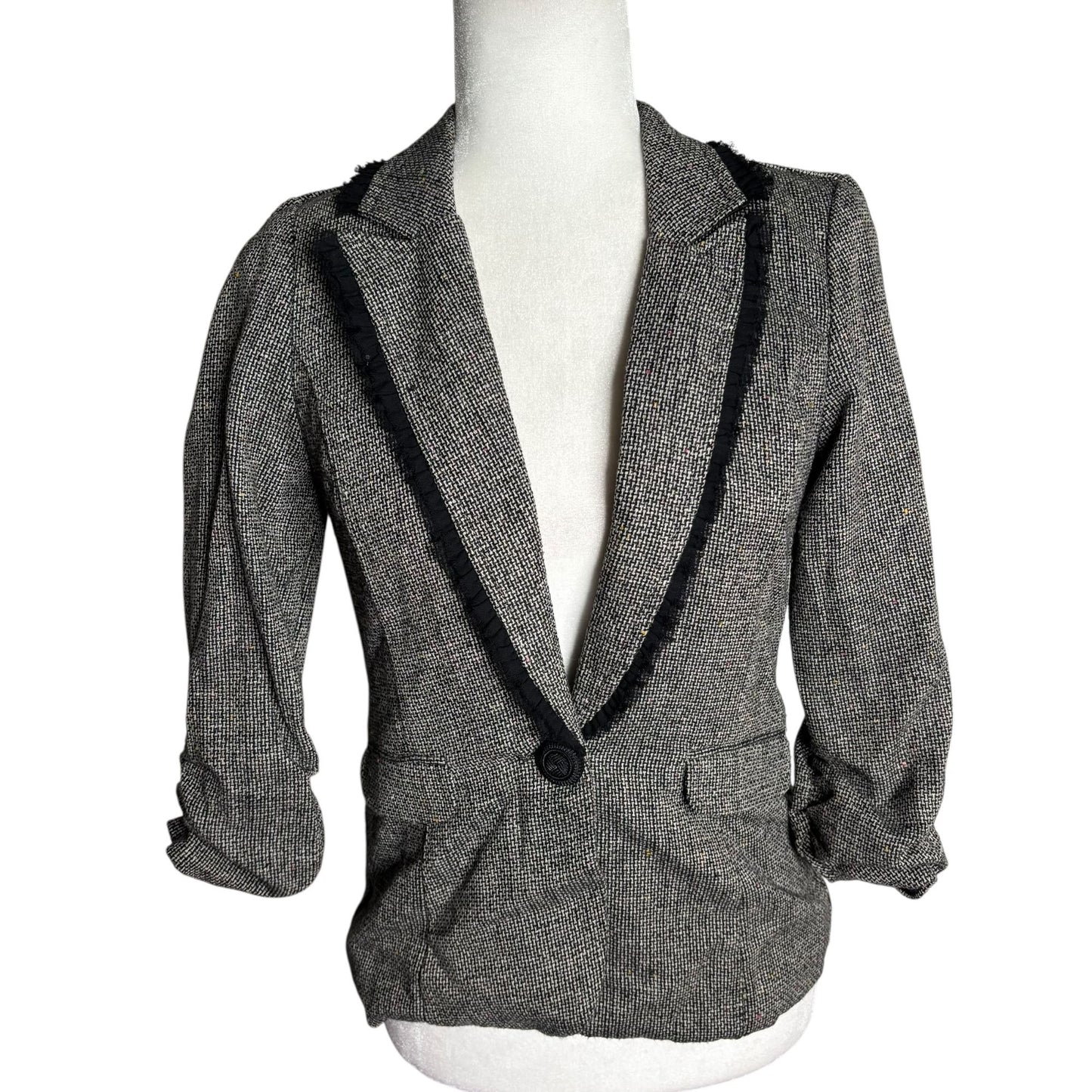 Maurices Tweed Blazer Jacket Ruffles Small Black Button Lined Scrunch Sleeve