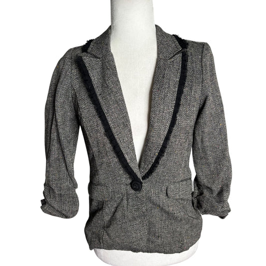 Maurices Tweed Blazer Jacket Ruffles Small Black Button Lined Scrunch Sleeve