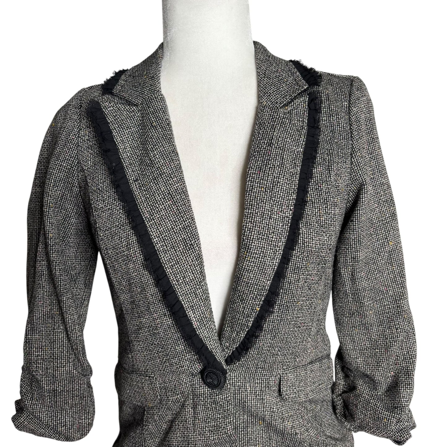 Maurices Tweed Blazer Jacket Ruffles Small Black Button Lined Scrunch Sleeve