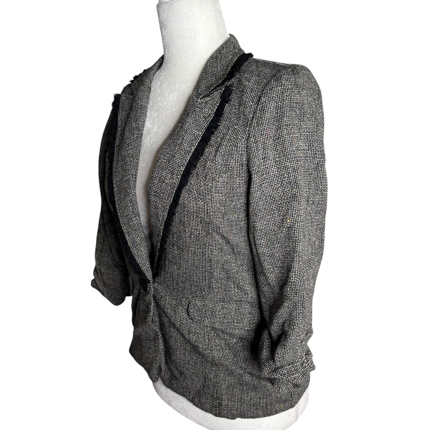 Maurices Tweed Blazer Jacket Ruffles Small Black Button Lined Scrunch Sleeve