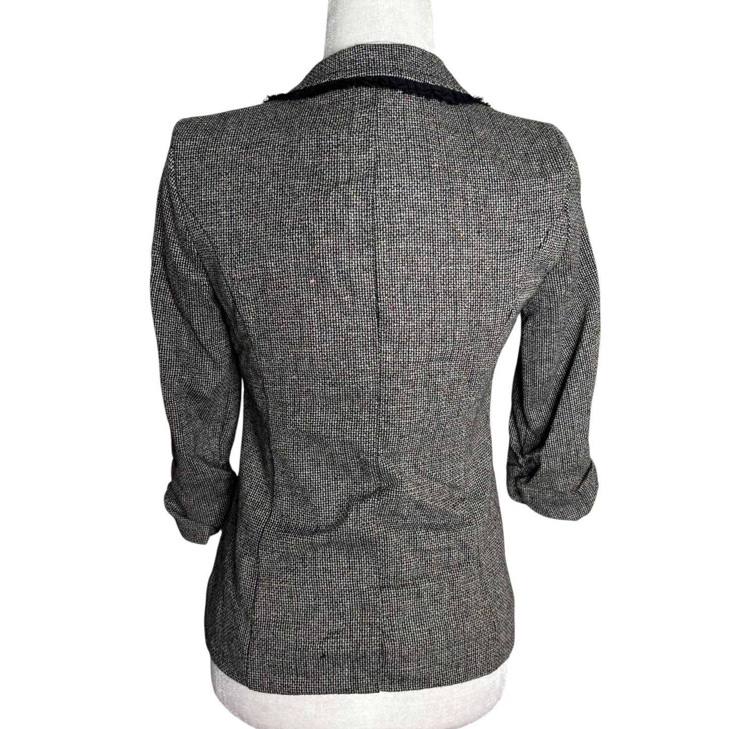 Maurices Tweed Blazer Jacket Ruffles Small Black Button Lined Scrunch Sleeve
