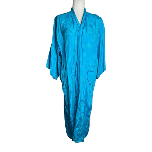 Vintage Kimono Hand Embroidered Medium Teal Blue Pockets Long Sleeve No Belt
