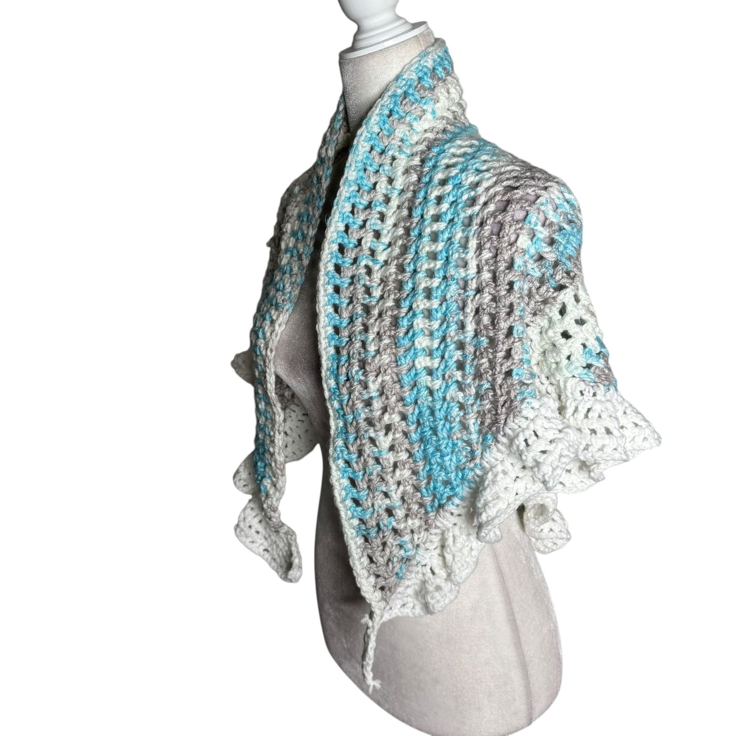 Handmade Blue Grey White Crochet Knit Shawl Wrap With Ruffled Edges Soft NEW
