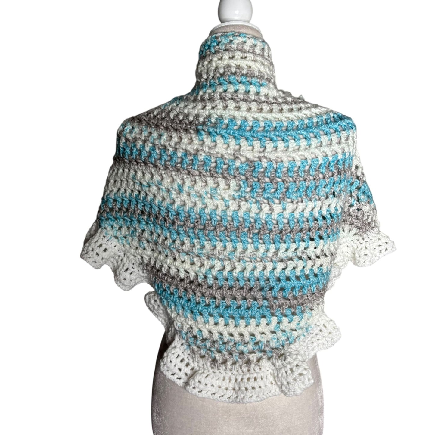Handmade Blue Grey White Crochet Knit Shawl Wrap With Ruffled Edges Soft NEW