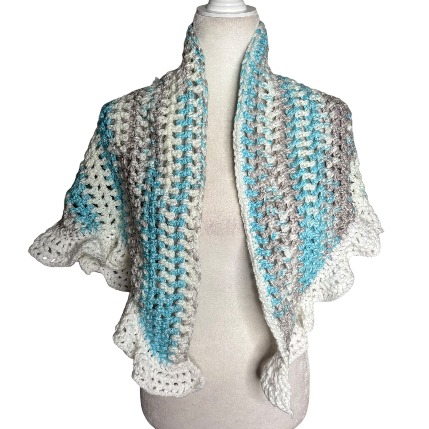 Handmade Blue Grey White Crochet Knit Shawl Wrap With Ruffled Edges Soft NEW