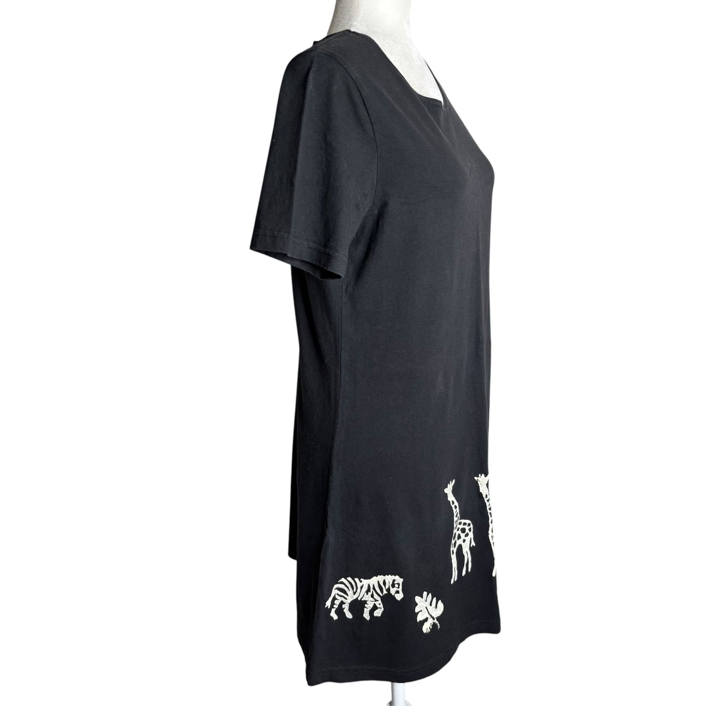 Vintage 90s Coconut Bay Black Petite Medium TShirt Dress Animal Stamped Painted