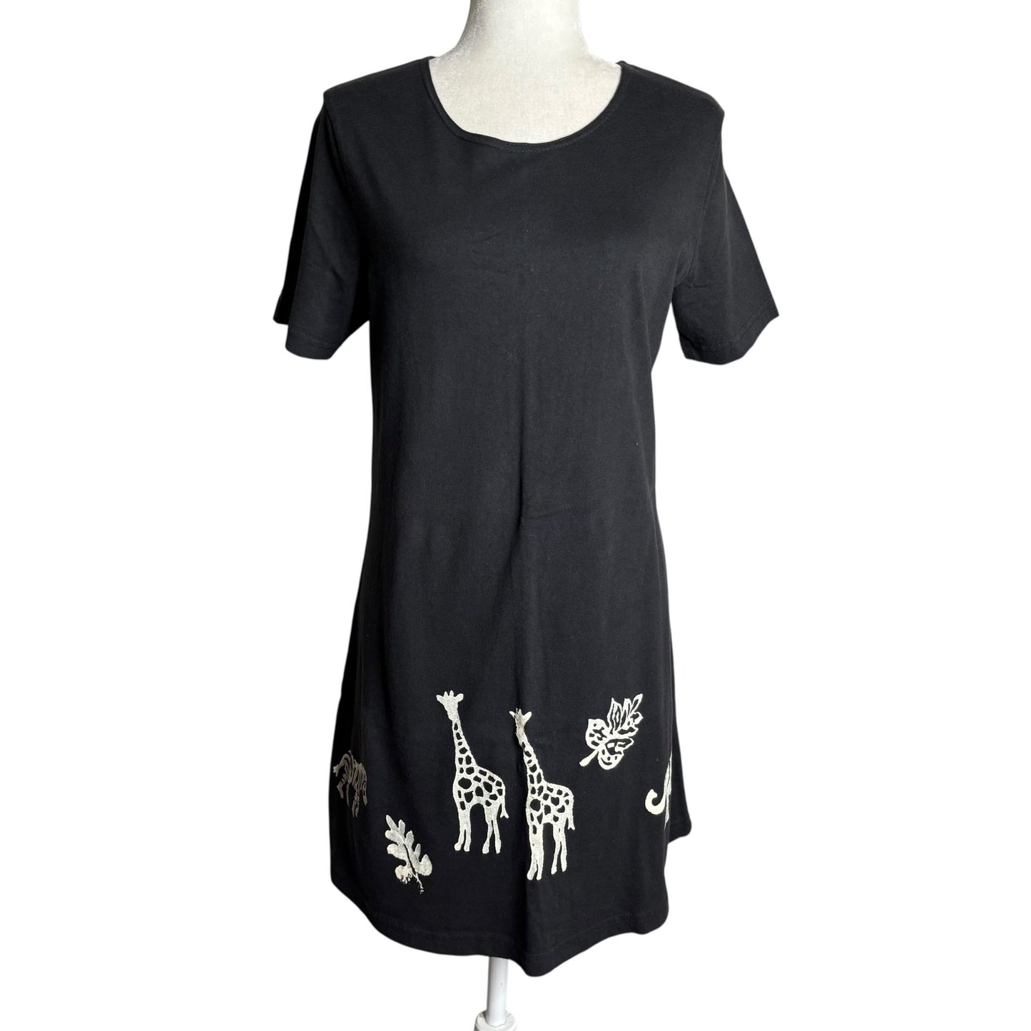 Vintage 90s Coconut Bay Black Petite Medium TShirt Dress Animal Stamped Painted