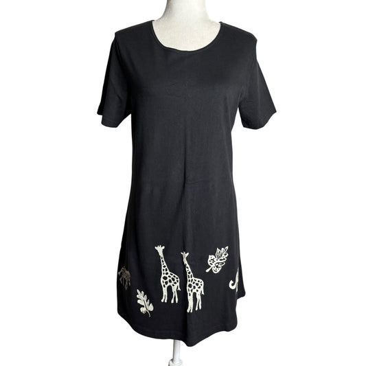 Vintage 90s Coconut Bay Black Petite Medium TShirt Dress Animal Stamped Painted