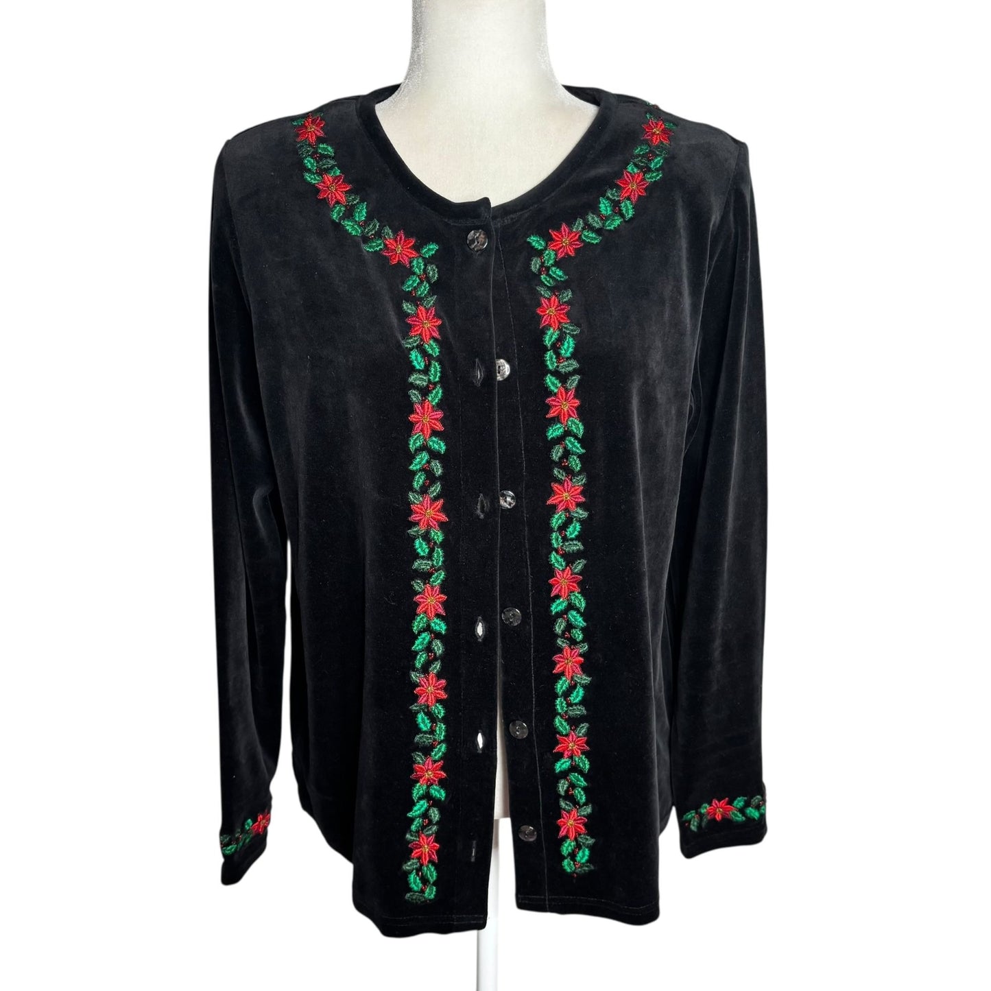 Karen Scott Velvet Button Front Cardigan Medium Black Embroidered Sweater Beaded