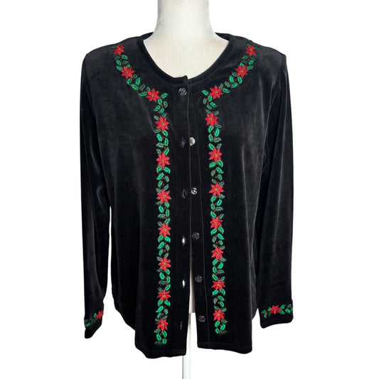 Karen Scott Velvet Button Front Cardigan Medium Black Embroidered Sweater Beaded