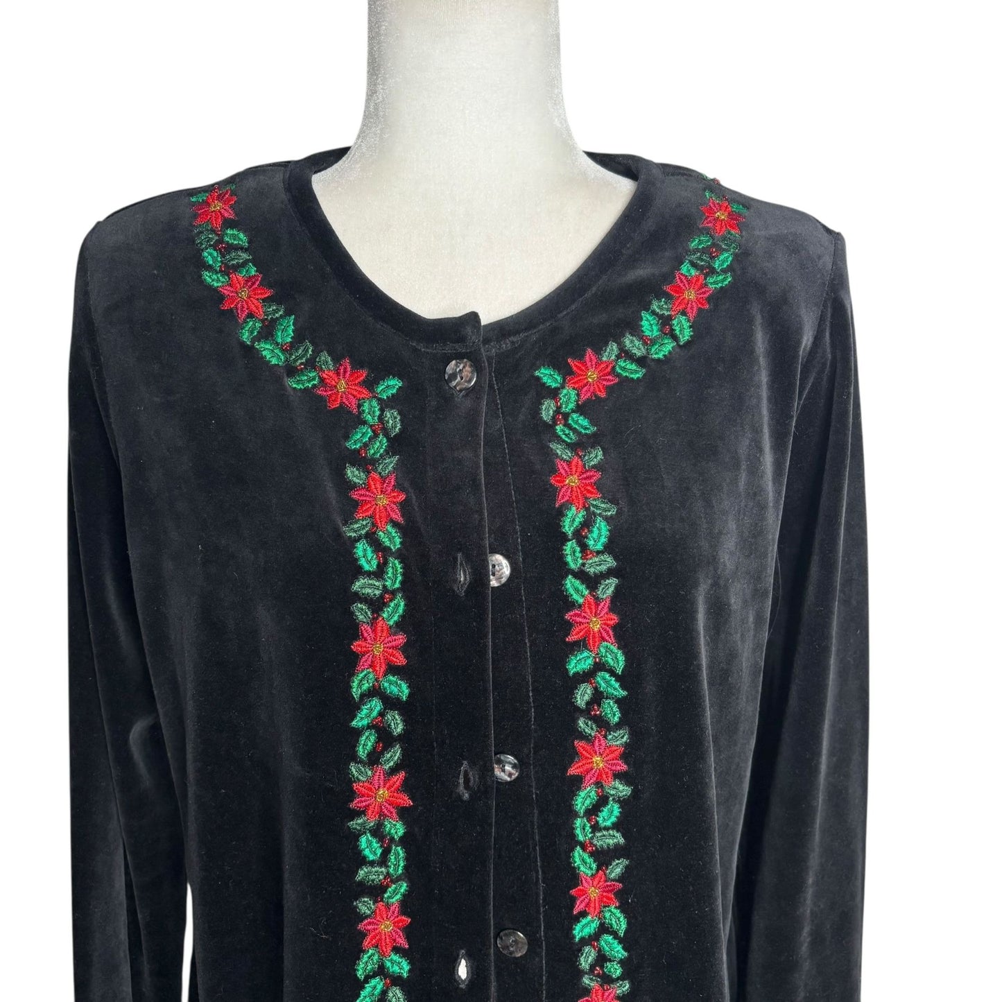 Karen Scott Velvet Button Front Cardigan Medium Black Embroidered Sweater Beaded
