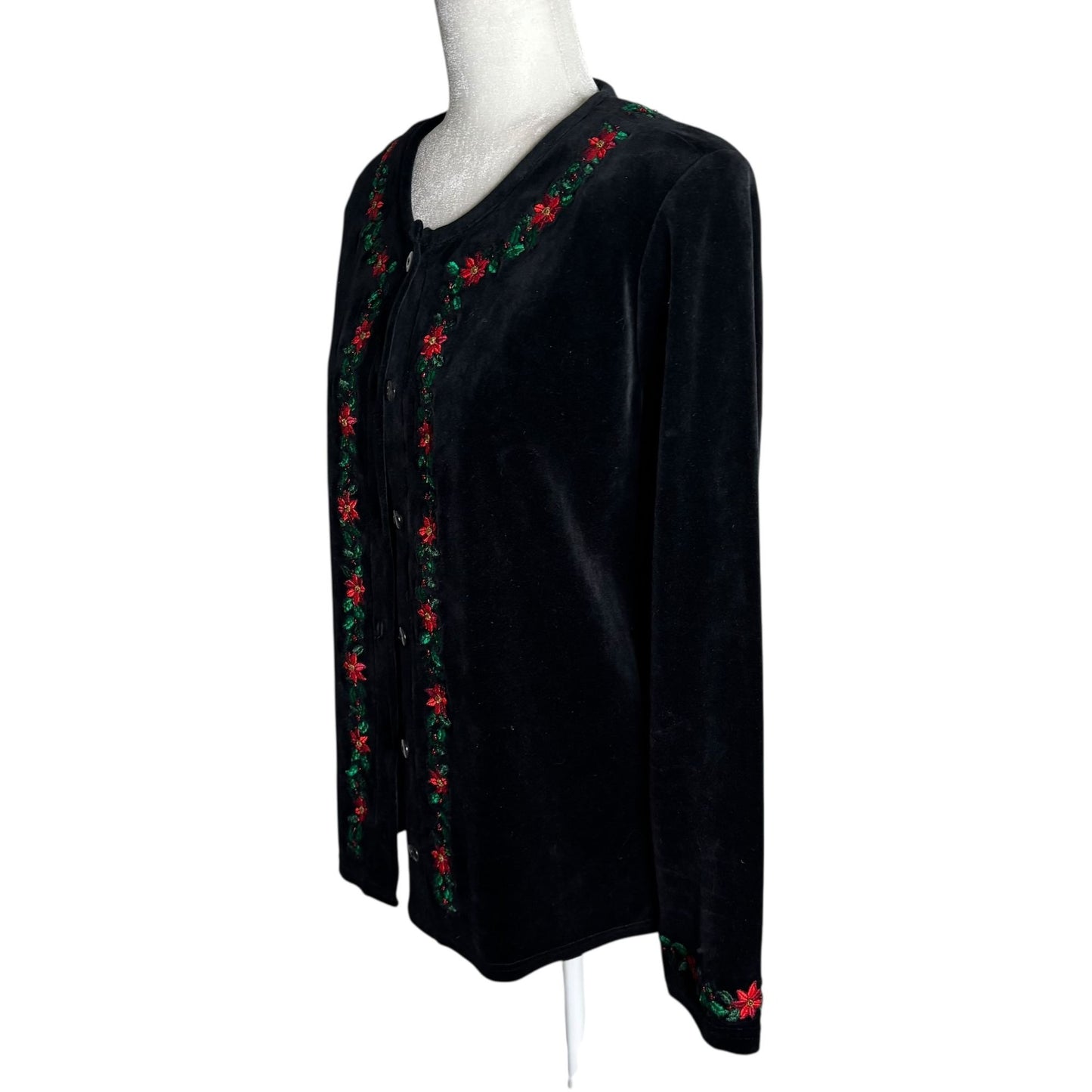 Karen Scott Velvet Button Front Cardigan Medium Black Embroidered Sweater Beaded