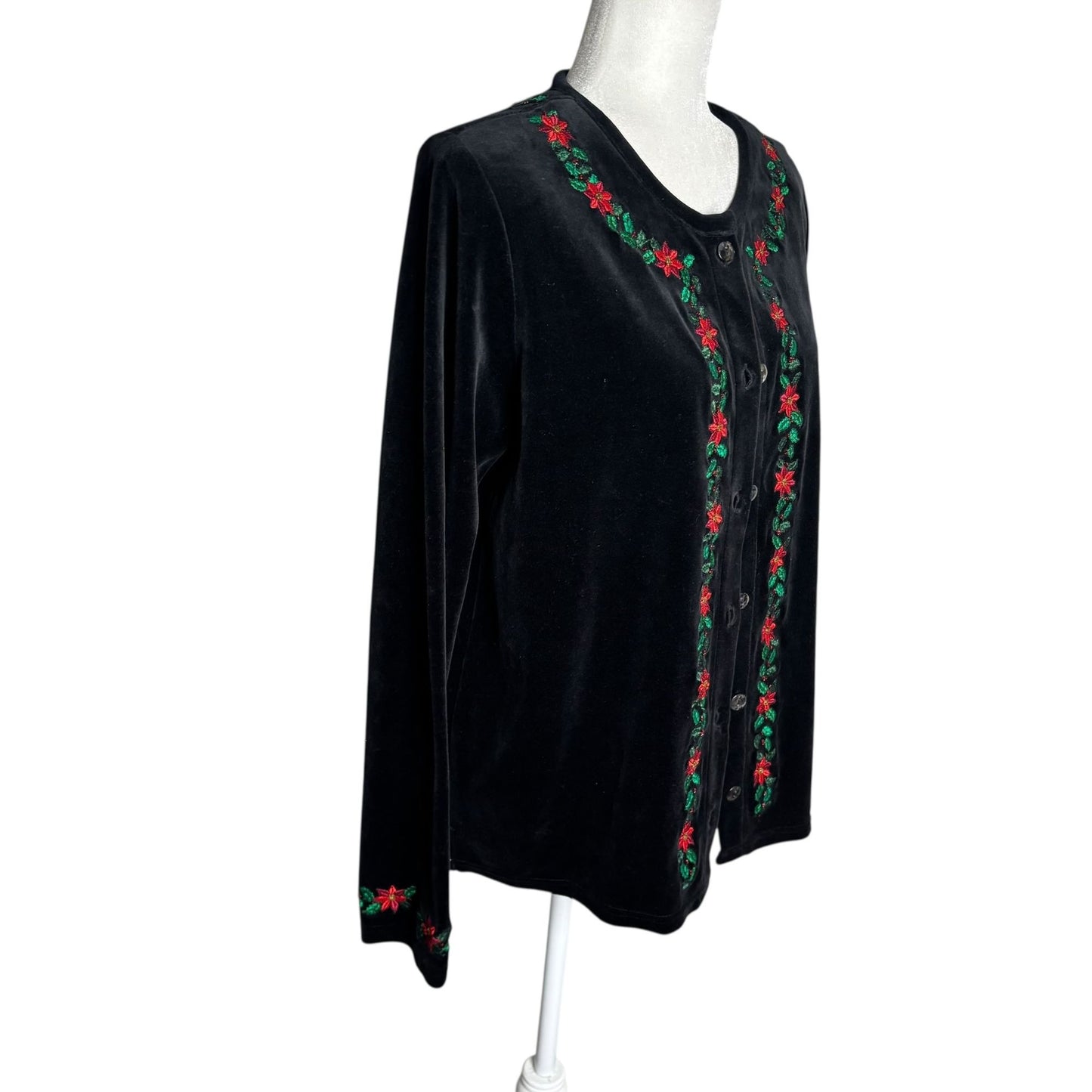 Karen Scott Velvet Button Front Cardigan Medium Black Embroidered Sweater Beaded