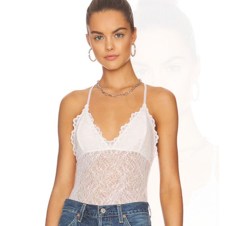 AllSaints White Lace Erity Bodysuit Adjustable Straps Racerback Size 6 Snaps