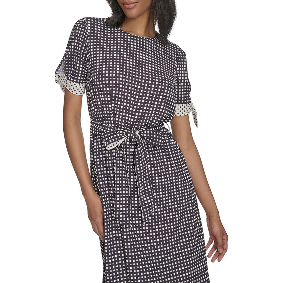 H Halston Short Sleeve Printed Belted Dress Size 10 Black White Checkered Midi