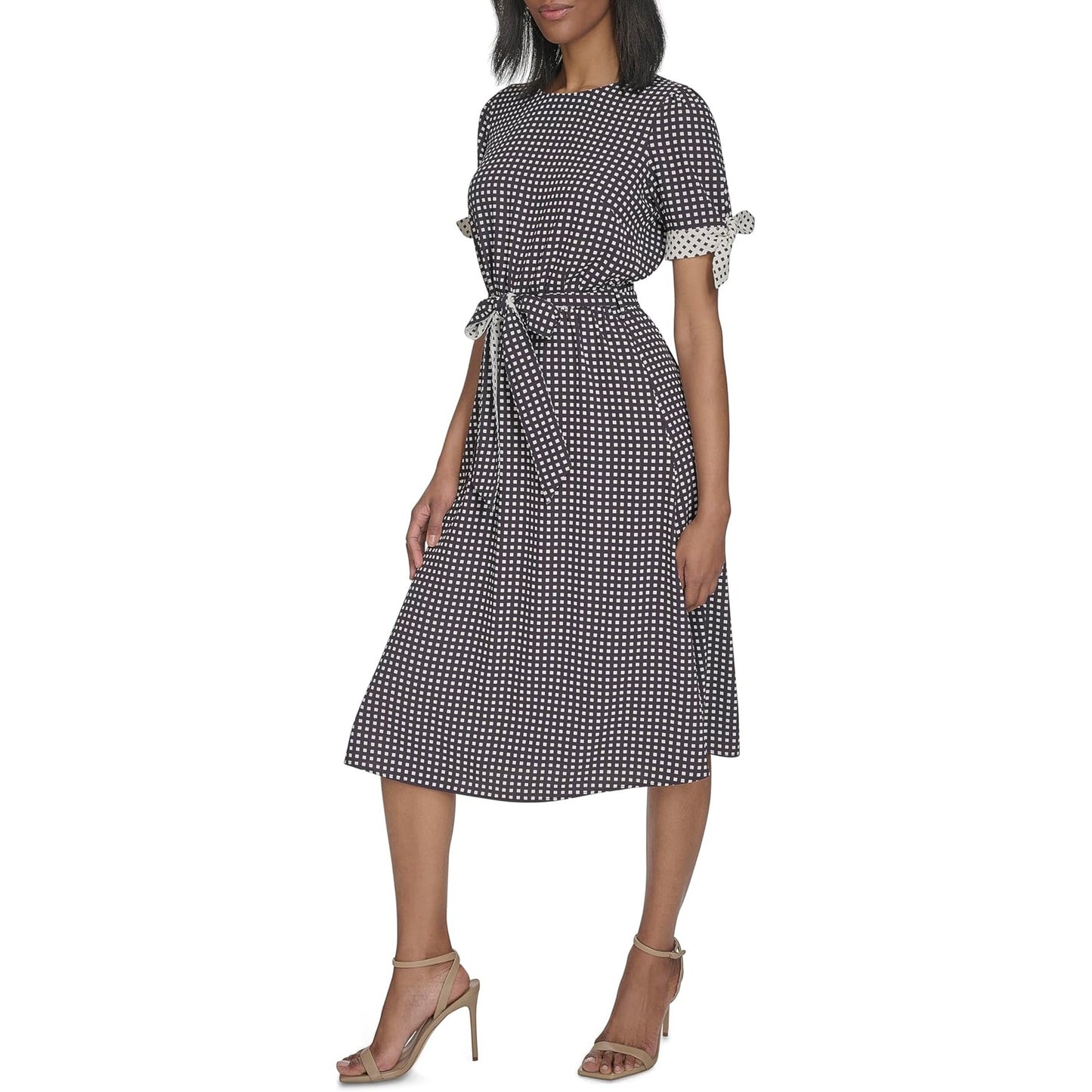 H Halston Short Sleeve Printed Belted Dress Size 10 Black White Checkered Midi