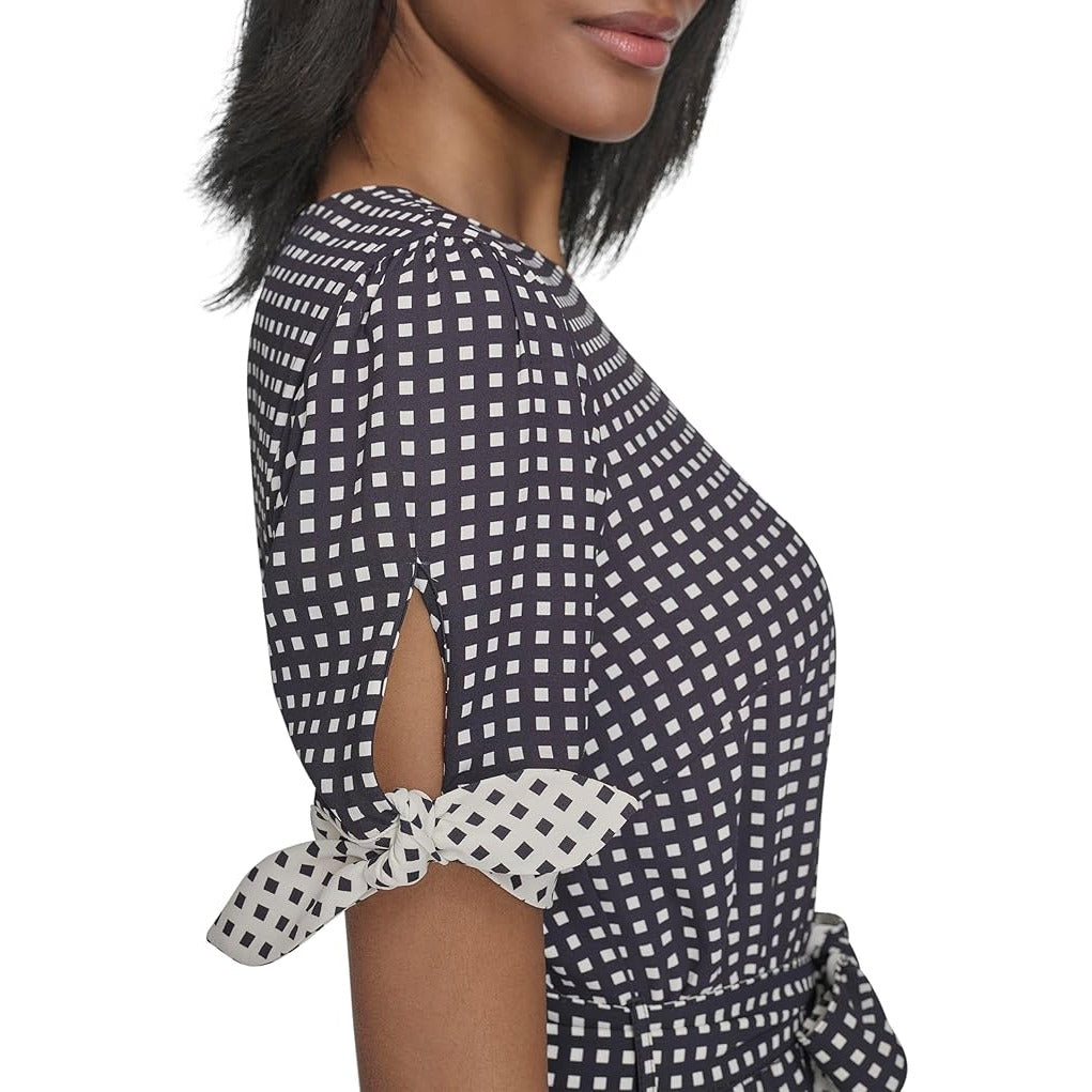 H Halston Short Sleeve Printed Belted Dress Size 10 Black White Checkered Midi