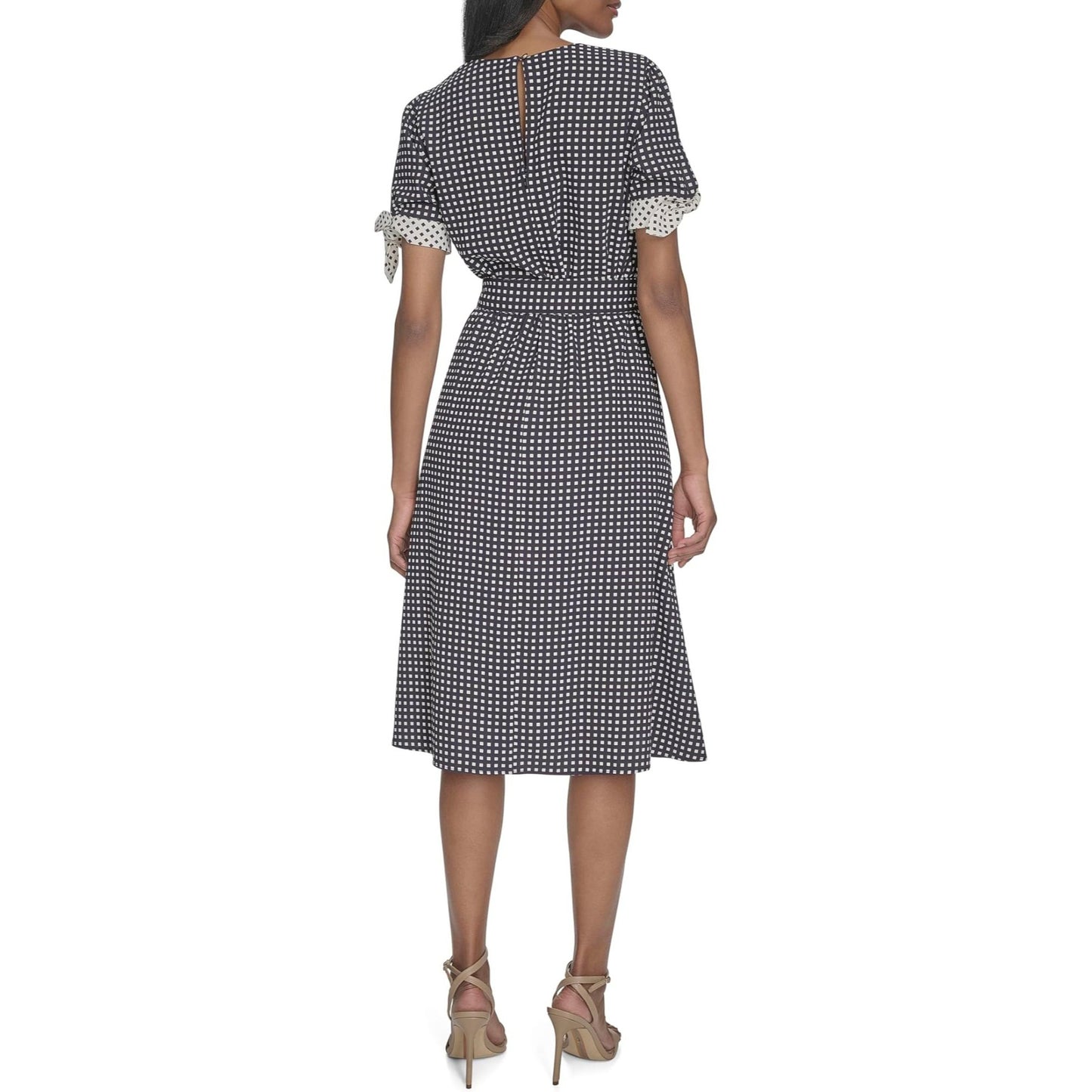 H Halston Short Sleeve Printed Belted Dress Size 10 Black White Checkered Midi