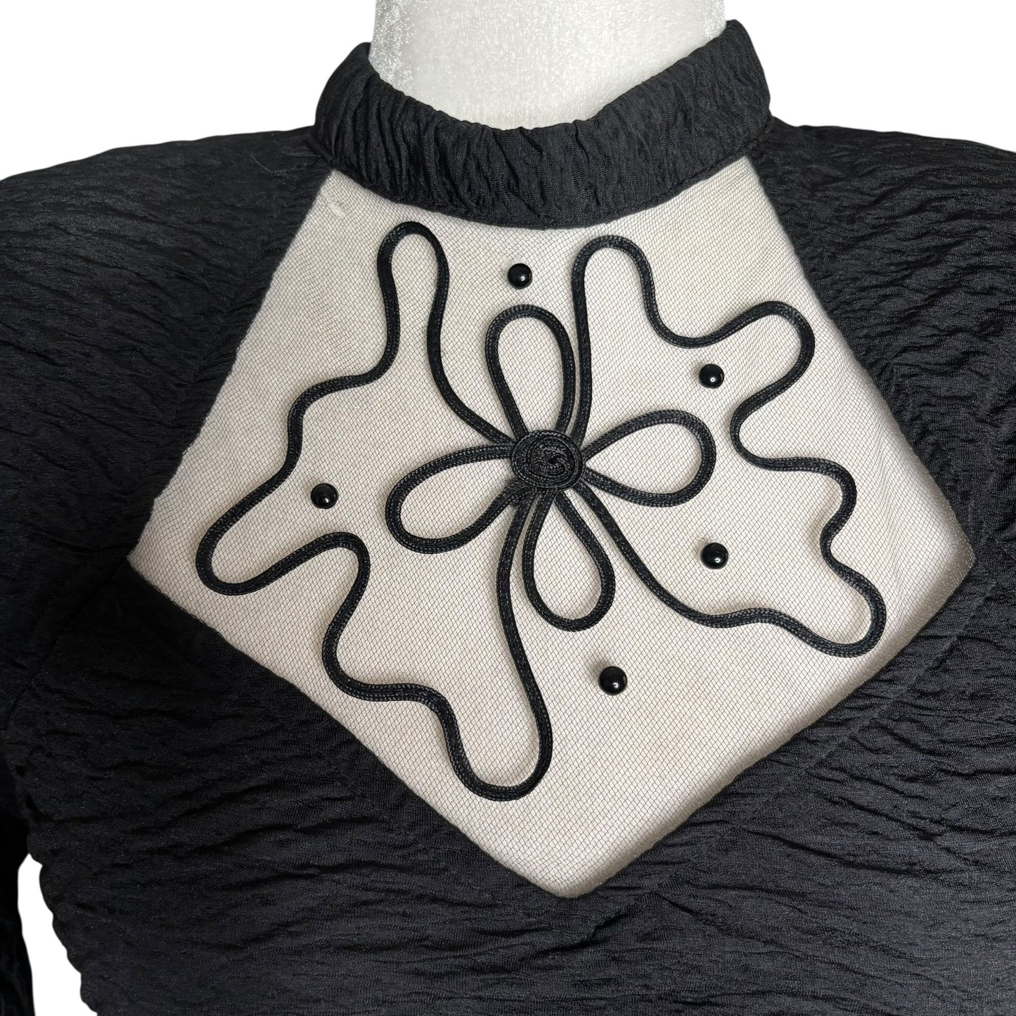 Vintage Textured Bodycon Dress Small Black Open Back 3/4 Sleeve Stretch Knit