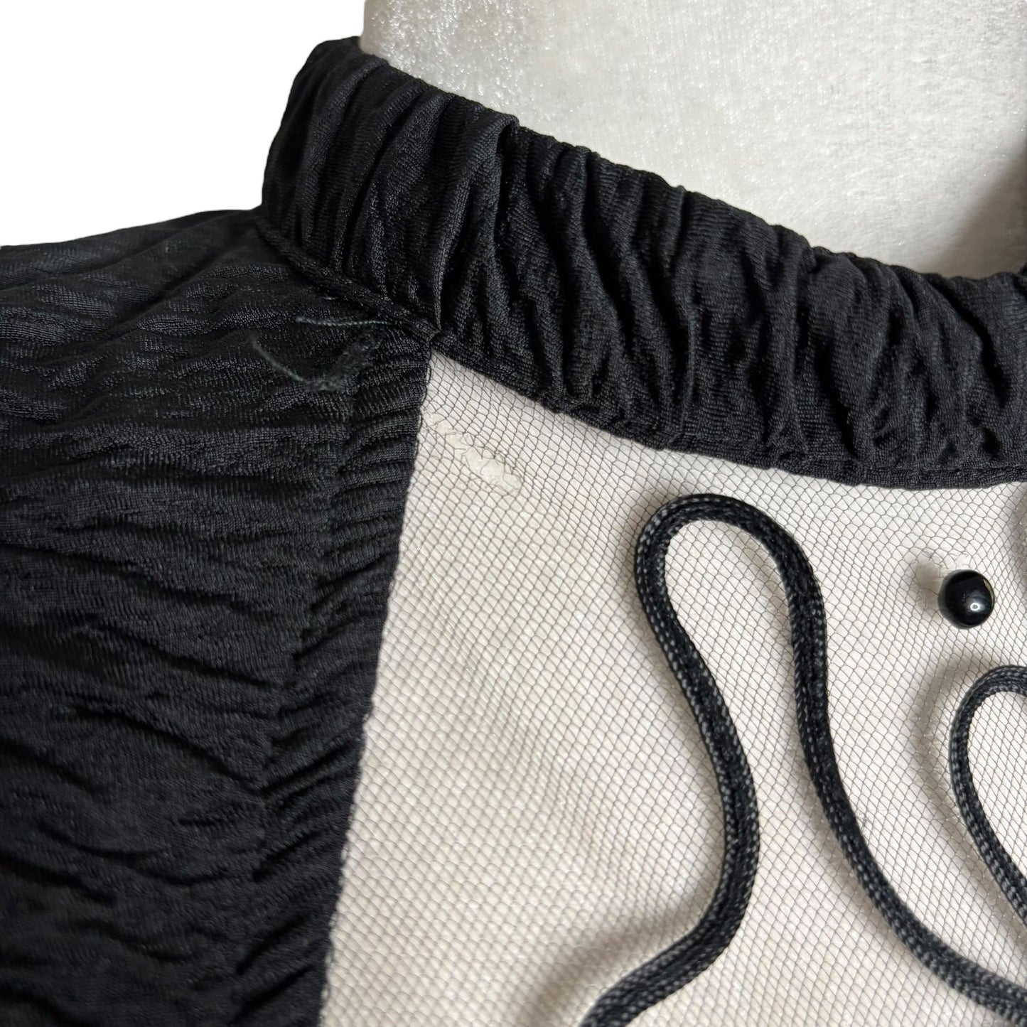 Vintage Textured Bodycon Dress Small Black Open Back 3/4 Sleeve Stretch Knit