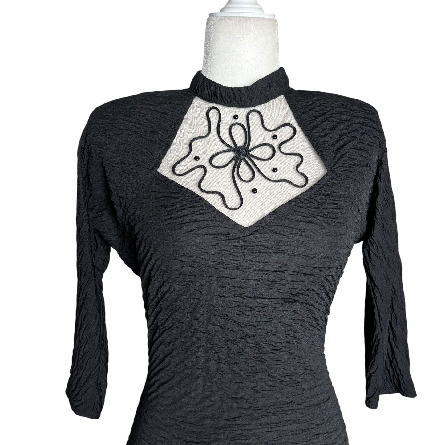 Vintage Textured Bodycon Dress Small Black Open Back 3/4 Sleeve Stretch Knit