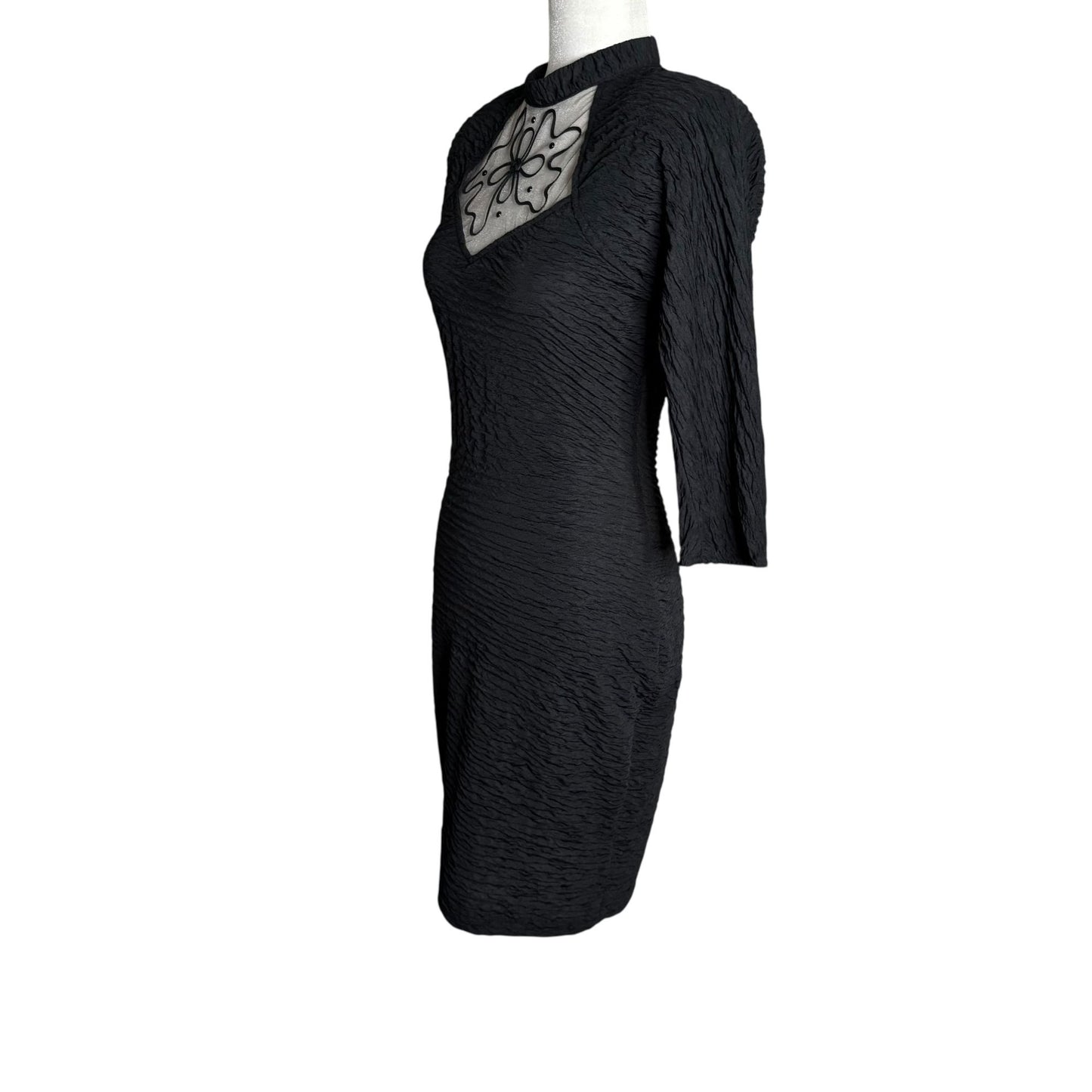 Vintage Textured Bodycon Dress Small Black Open Back 3/4 Sleeve Stretch Knit