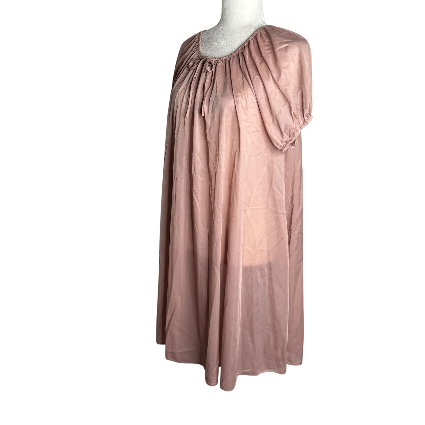 Vintage 70s Nylon Nightgown Dress Small Mocha Sheer Midi Elastic Neckline Sleeve
