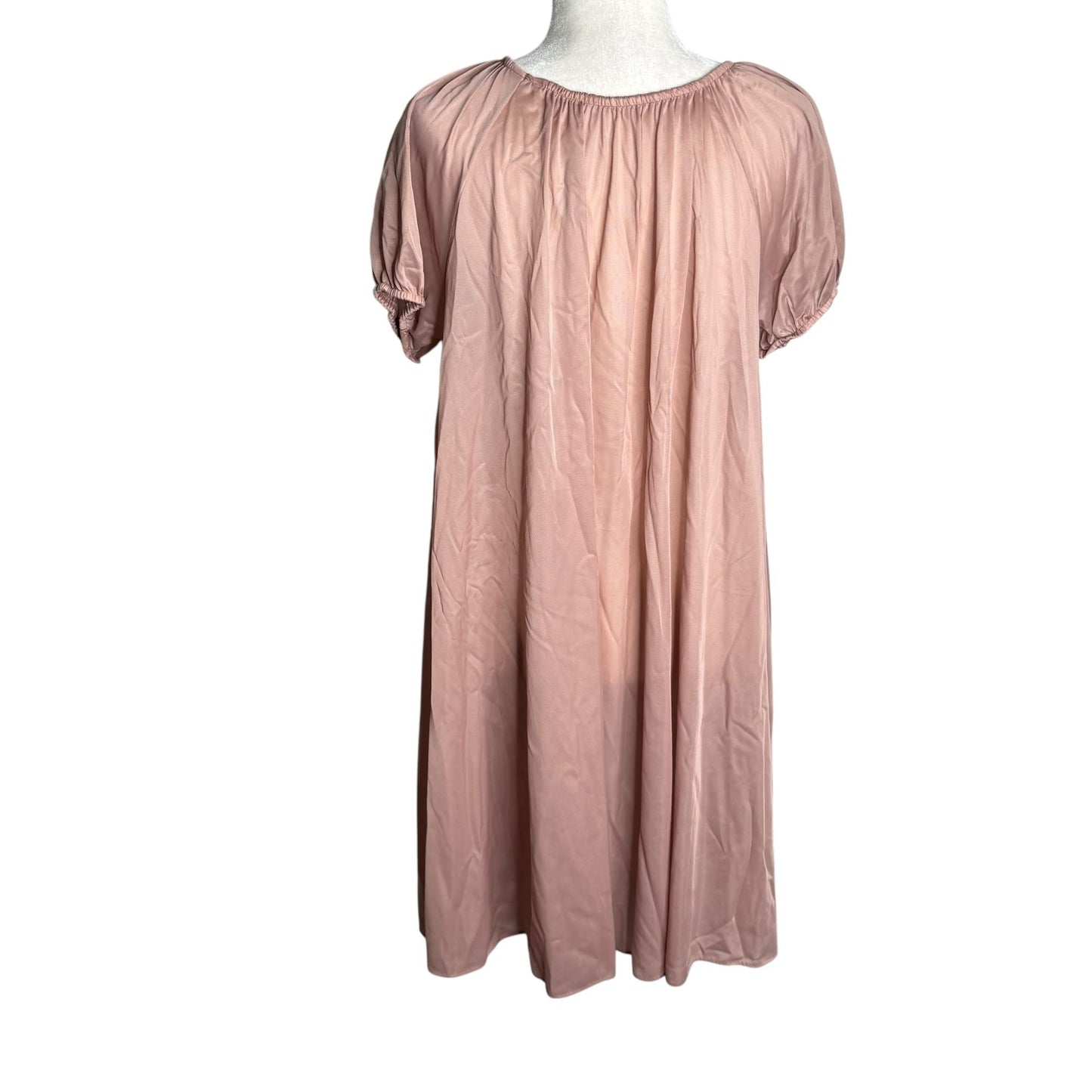 Vintage 70s Nylon Nightgown Dress Small Mocha Sheer Midi Elastic Neckline Sleeve