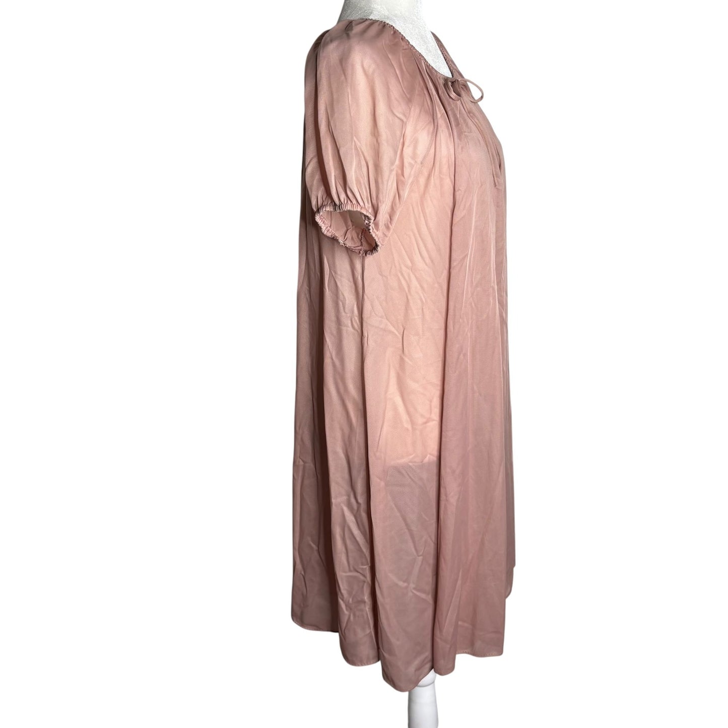 Vintage 70s Nylon Nightgown Dress Small Mocha Sheer Midi Elastic Neckline Sleeve