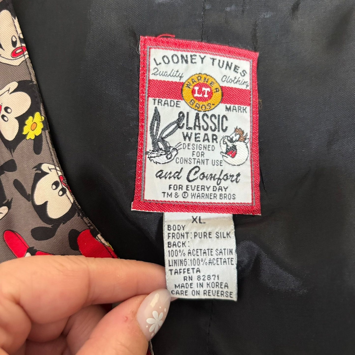 Vintage 90s Looney Tunes Animaniacs Silk Vest XL Black Back Adjustable Strap