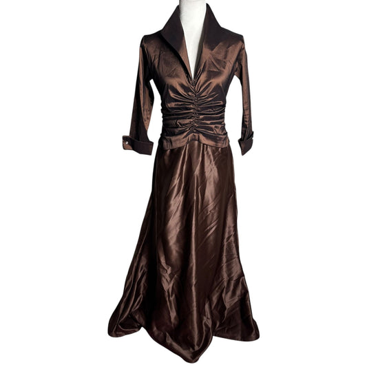 Vintage 90s Tadashi Ruched Waist Formal Gown Size 6 Brown Maxi Dress Bridal