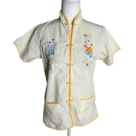 Vintage 70s Embroidered Chinese Short Sleeve Top Small Yellow Snaps Pockets