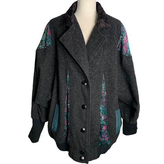 Vintage Oversized Wool Blend Coat 2XL Black Floral Accents Buttons Pockets