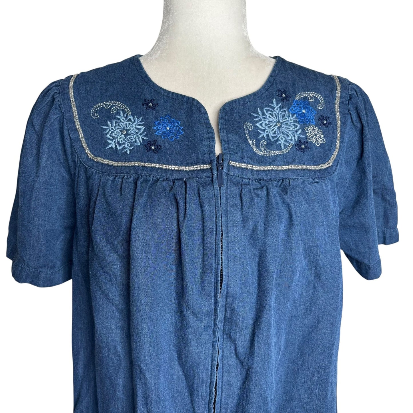 Go Softly Patio Blue Embroidered Denim Dress Small Zip Front Short Sleeves