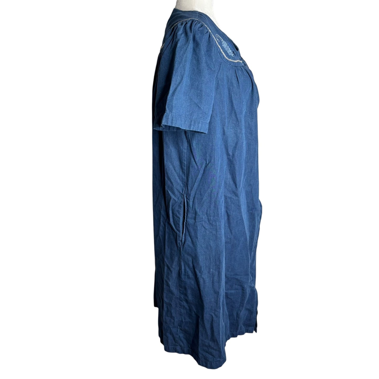 Go Softly Patio Blue Embroidered Denim Dress Small Zip Front Short Sleeves
