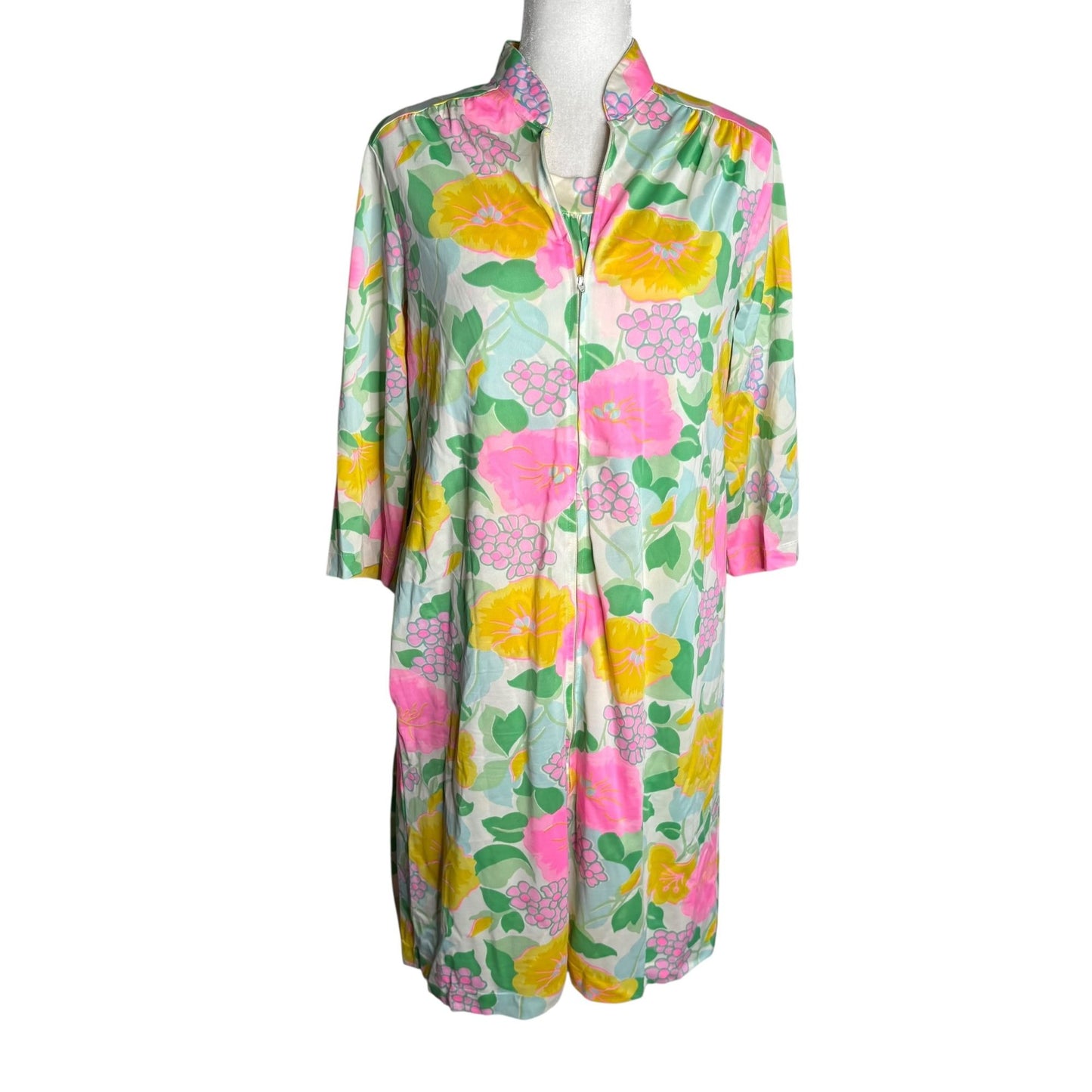 Vintage 70s Komar Floral Nylon Nightgown Robe Peignoir Set Small Zip Tie Belt