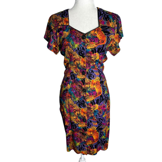 Vintage 80s Floral Button Front Sheath Dress Multicolor Medium Short Sleeve