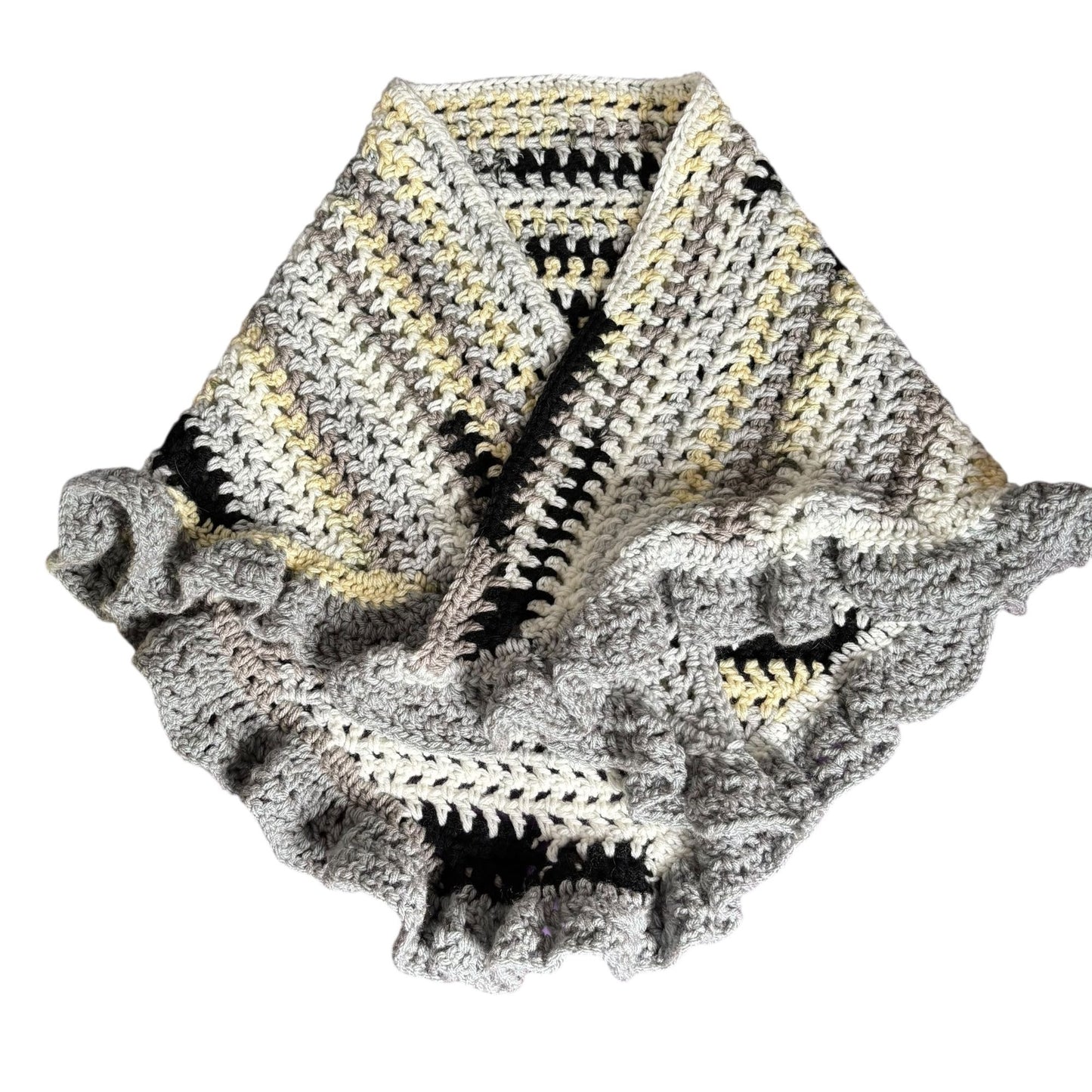 Handmade Black Grey White Crochet Knit Shawl Wrap With Ruffled Edges Soft NEW