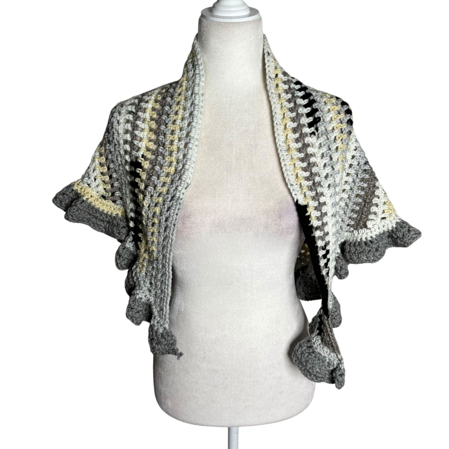 Handmade Black Grey White Crochet Knit Shawl Wrap With Ruffled Edges Soft NEW