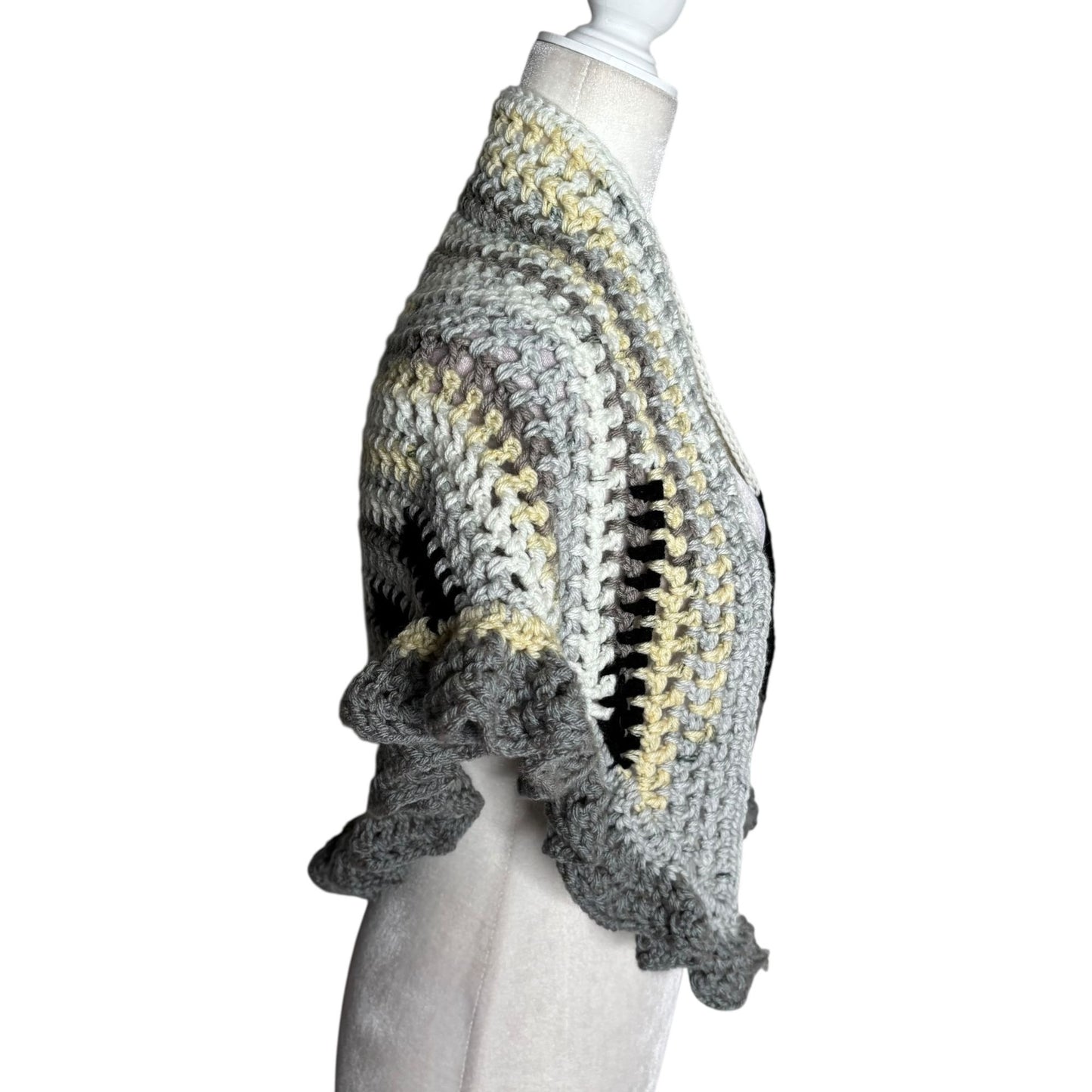 Handmade Black Grey White Crochet Knit Shawl Wrap With Ruffled Edges Soft NEW