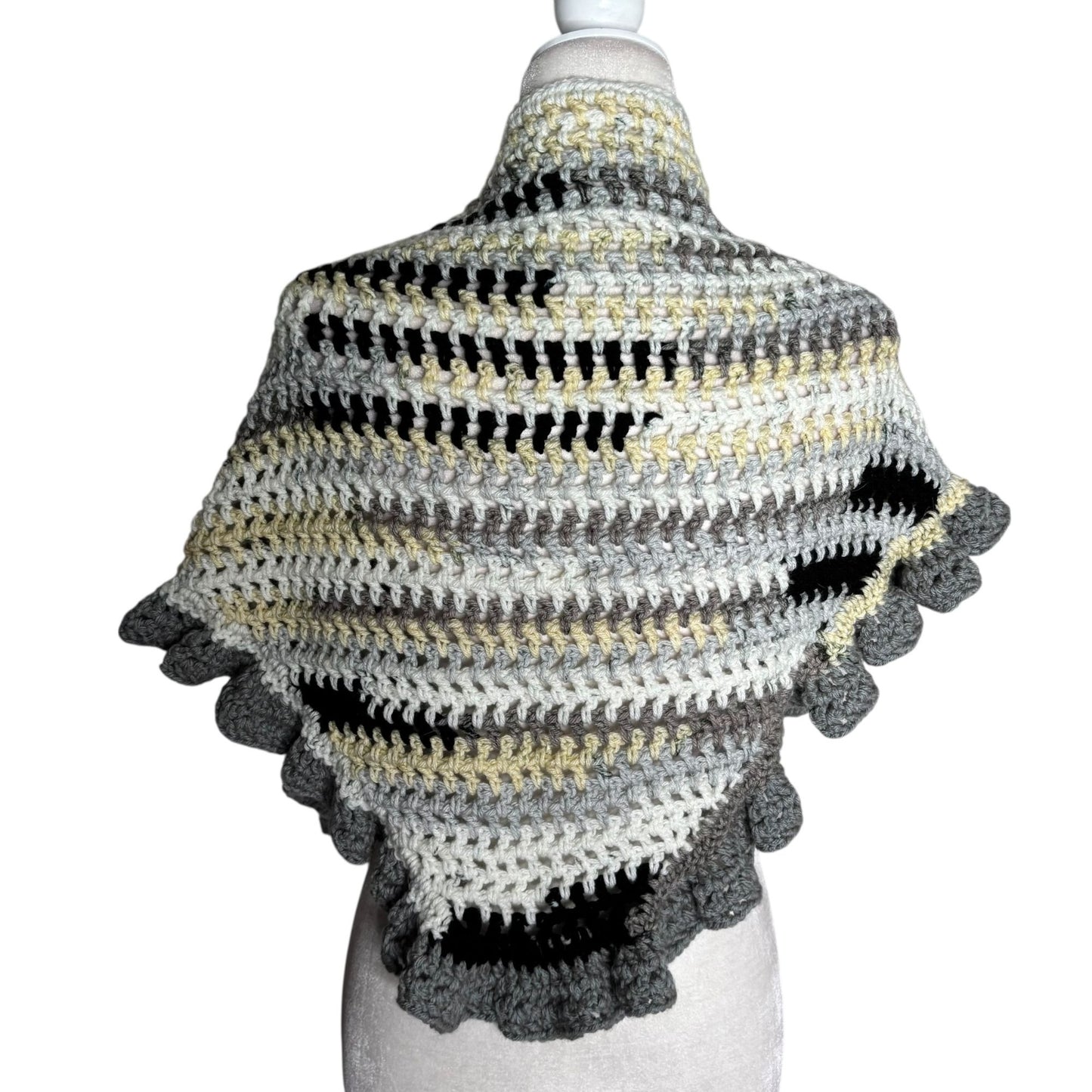 Handmade Black Grey White Crochet Knit Shawl Wrap With Ruffled Edges Soft NEW