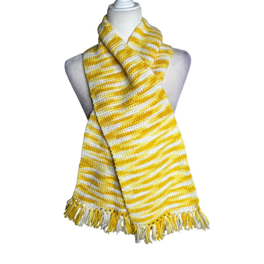 Handmade Yellow White Crochet Knit Striped Scarf With Fringe